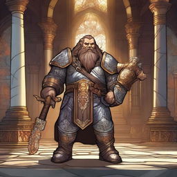 A dwarf paladin clad in shining, ornate armor stands valiantly in a grand hall