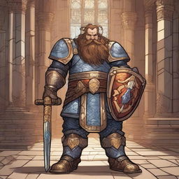 A dwarf paladin clad in shining, ornate armor stands valiantly in a grand hall