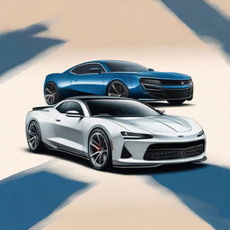 Create an image featuring a hybrid vehicle that combines the front half of a 2020 Bugatti with the rear half of a vintage Chevrolet Camaro