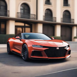 Create an image featuring a hybrid vehicle that combines the front half of a 2020 Bugatti with the rear half of a vintage Chevrolet Camaro