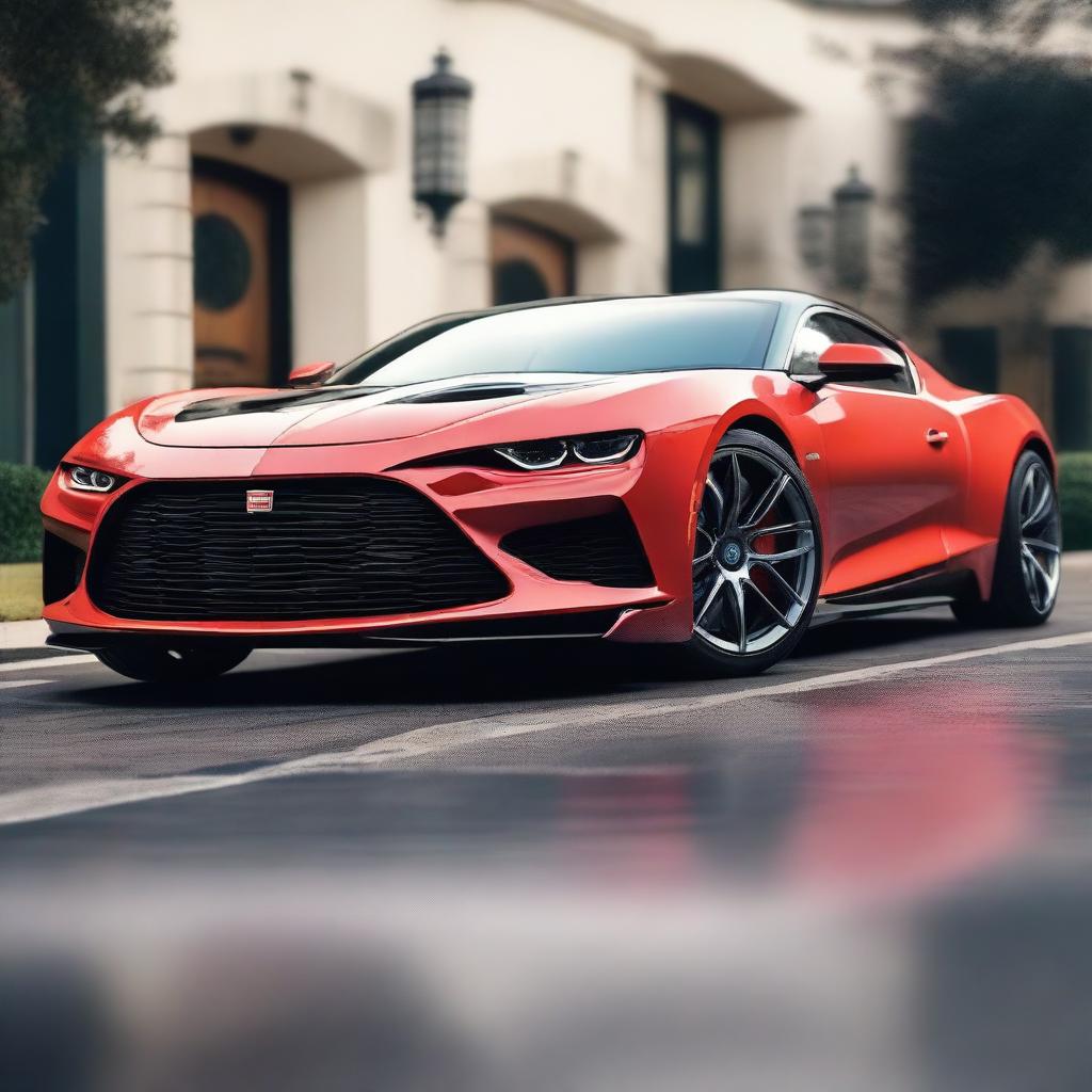 Create an image featuring a hybrid vehicle that combines the front half of a 2020 Bugatti with the rear half of a vintage Chevrolet Camaro