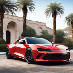 Create an image featuring a hybrid vehicle that combines the front half of a 2020 Bugatti with the rear half of a vintage Chevrolet Camaro