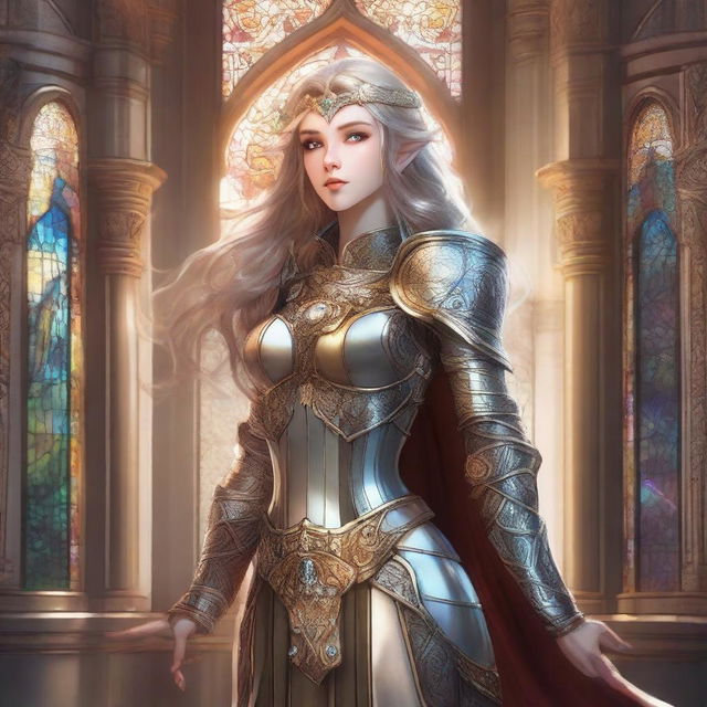 A graceful female elf paladin standing in a heroic pose