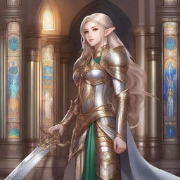 A graceful female elf paladin standing in a heroic pose