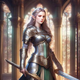 A graceful female elf paladin standing in a heroic pose