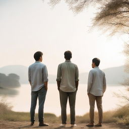 Two men with their backs to one another, standing in a calm and serene environment