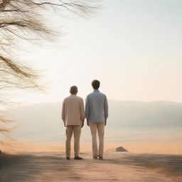 Two men with their backs to one another, standing in a calm and serene environment