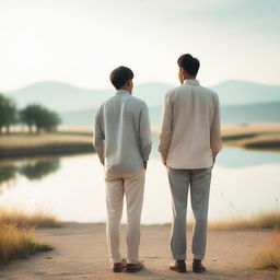 Two men with their backs to one another, standing in a calm and serene environment