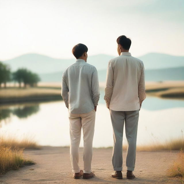 Two men with their backs to one another, standing in a calm and serene environment