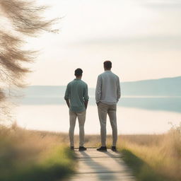 Two men with their backs to one another, standing in a calm and serene environment