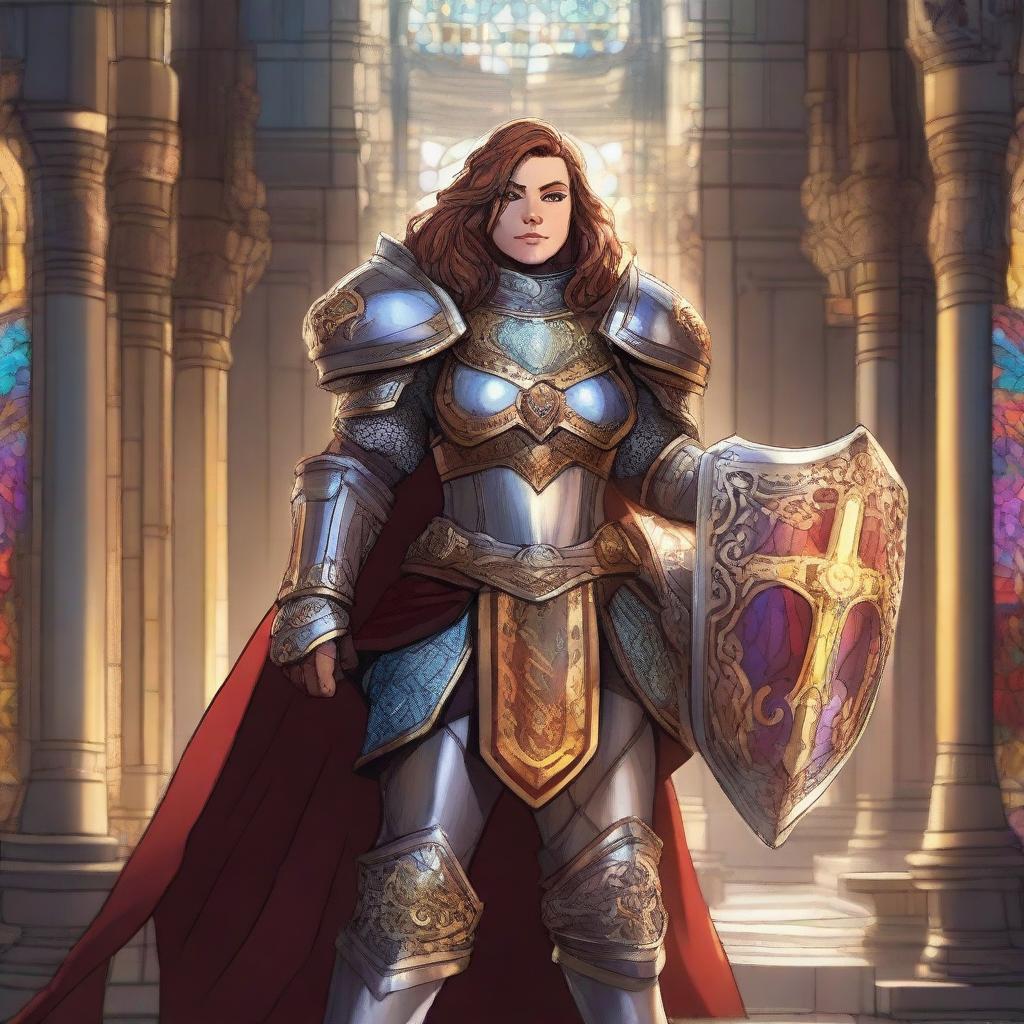 A dwarf female paladin in shining armor, standing with a resolute and noble expression