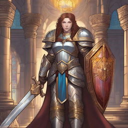 A dwarf female paladin in shining armor, standing with a resolute and noble expression