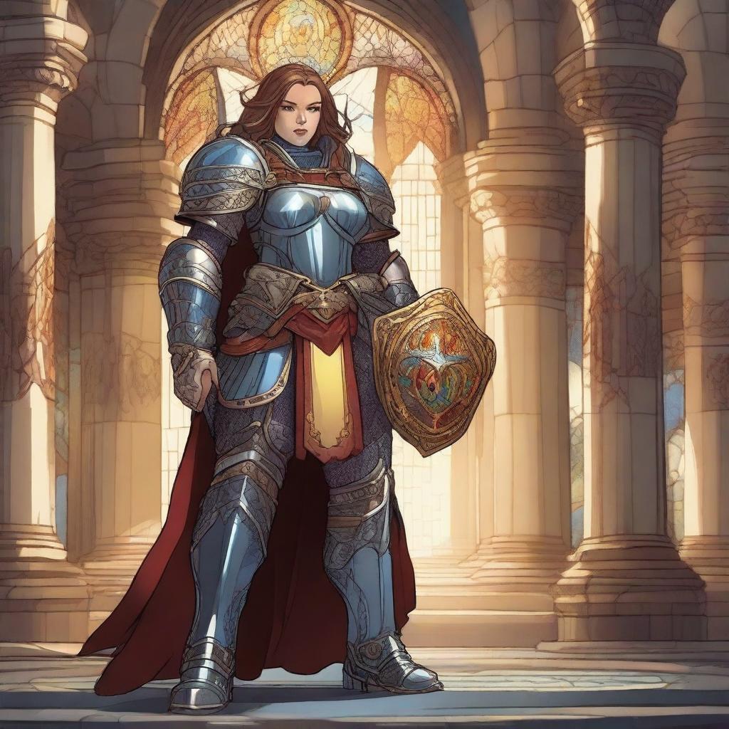 A dwarf female paladin in shining armor, standing with a resolute and noble expression