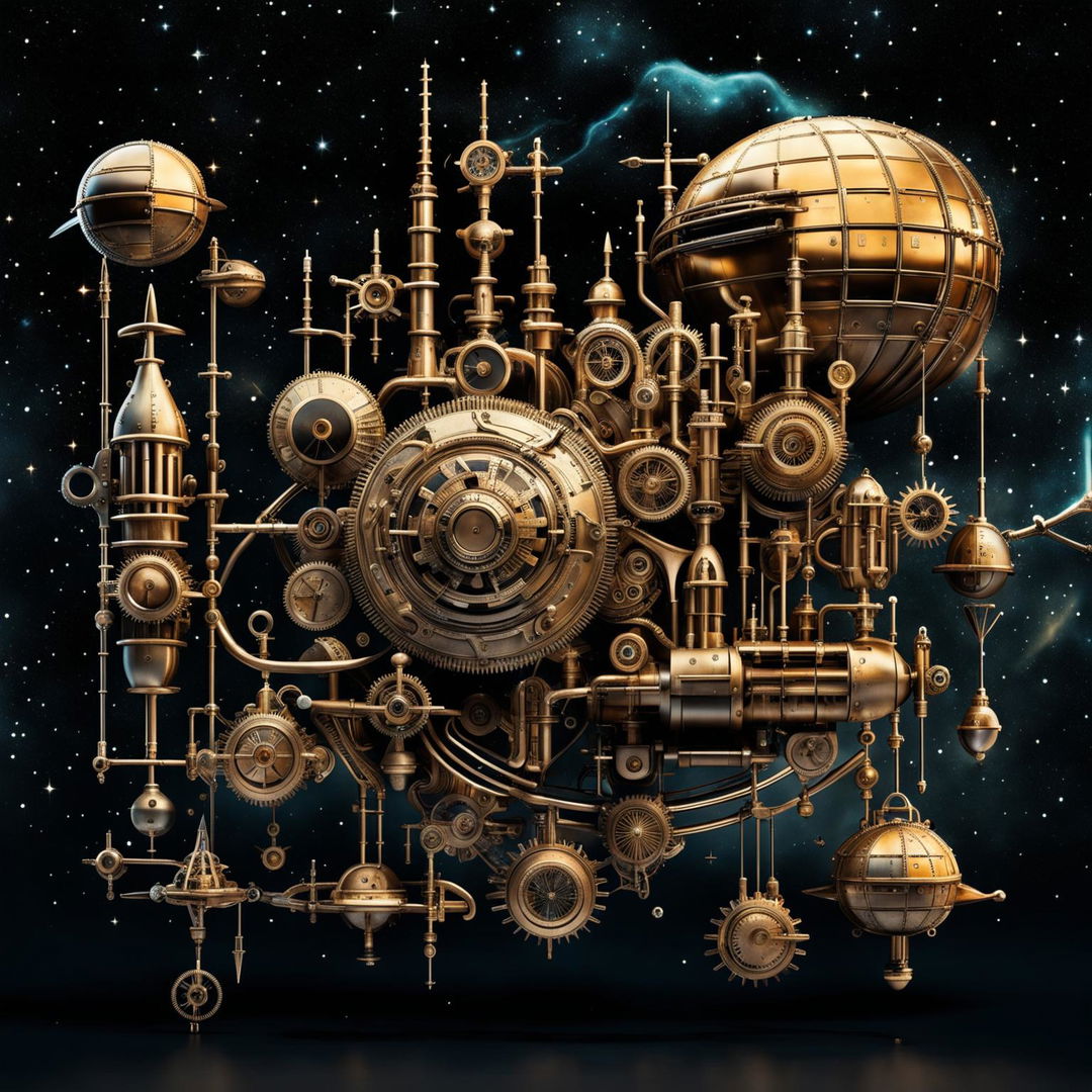 A steampunk-themed galaxy with mechanical elements in stars and planets, using metallic colors like bronze, copper, and gold