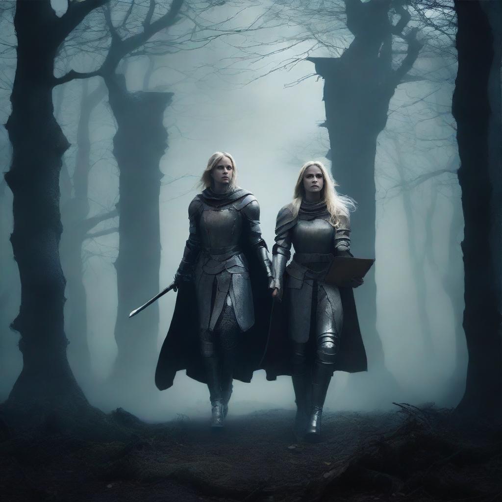 A book cover featuring three blonde female knights, resembling Joan of Arc, walking towards three ancient columns in a dark, eerie forest at night