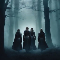 A book cover featuring three blonde female knights, resembling Joan of Arc, walking towards three ancient columns in a dark, eerie forest at night