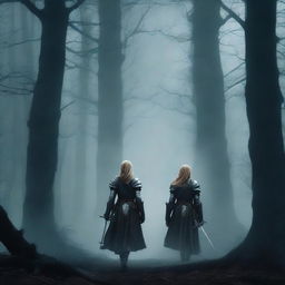 A book cover featuring three blonde female knights, resembling Joan of Arc, walking towards three ancient columns in a dark, eerie forest at night