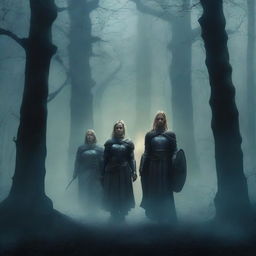 A book cover featuring three blonde female knights, resembling Joan of Arc, walking towards three ancient columns in a dark, eerie forest at night