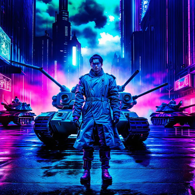 A cyberpunk alternate reality version of the Tiananmen Square Tank Man photo, with futuristic vehicles and a neon-lit cityscape, capturing the tension and defiance of the iconic moment