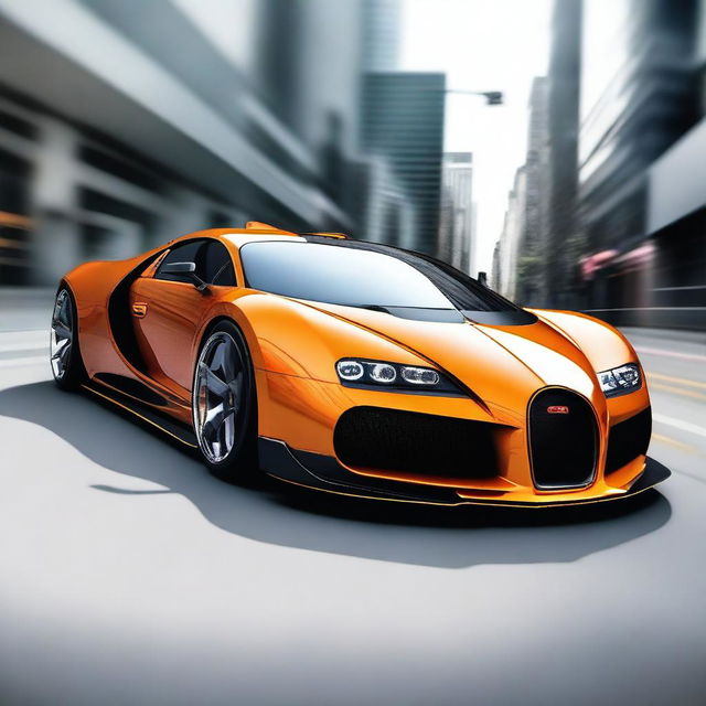 Create an image of a futuristic car that combines the sleek, aerodynamic design of a Saleen S1, the luxurious and powerful aesthetic of a Bugatti Veyron, and the aggressive, angular lines of a Lamborghini Aventador