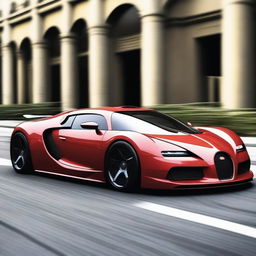 Create an image of a futuristic car that combines the sleek, aerodynamic design of a Saleen S1, the luxurious and powerful aesthetic of a Bugatti Veyron, and the aggressive, angular lines of a Lamborghini Aventador