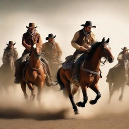 Create a book cover featuring a band of outlaws from the Wild West fleeing from a failed heist