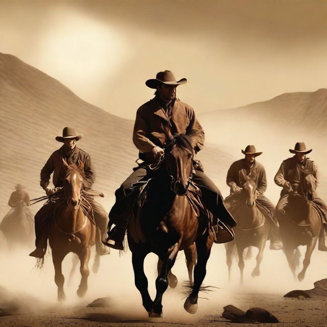 Create a book cover featuring a band of outlaws from the Wild West fleeing from a failed heist