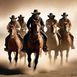 Create a book cover featuring a band of outlaws from the Wild West fleeing from a failed heist