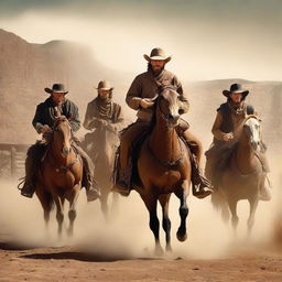 Create a book cover featuring a band of outlaws from the Wild West fleeing from a failed heist