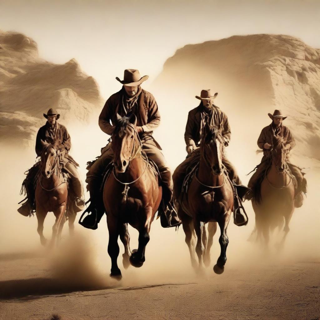 Create a book cover featuring a band of outlaws from the Wild West fleeing from a failed heist