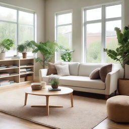 A cozy and modern living room with a comfortable sofa, a coffee table, and a large window letting in natural light