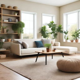 A cozy and modern living room with a comfortable sofa, a coffee table, and a large window letting in natural light