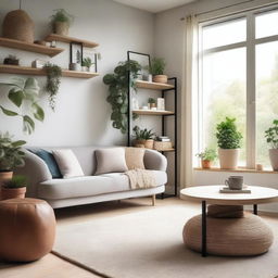 A cozy and modern living room with a comfortable sofa, a coffee table, and a large window letting in natural light