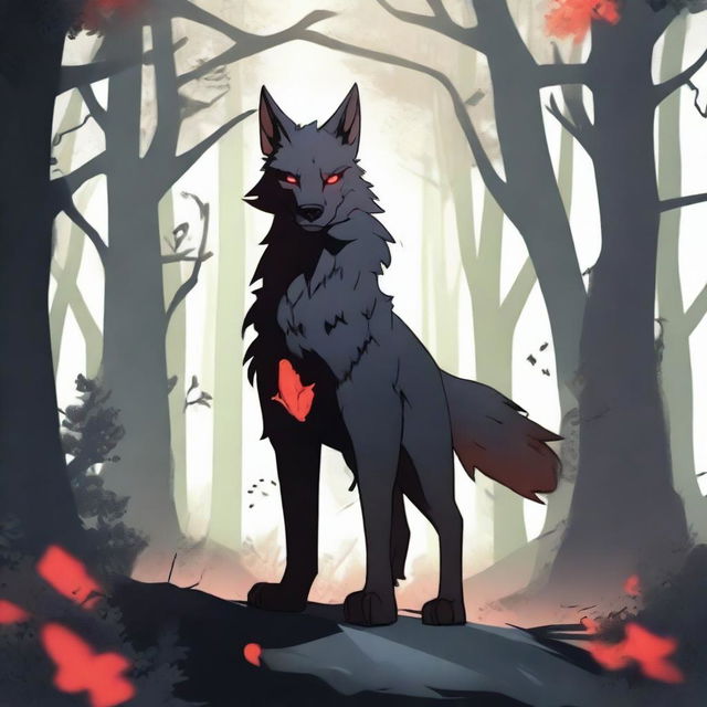 A character with tanned skin, red and black hair, red glowing eyes, and wolf ears and tail