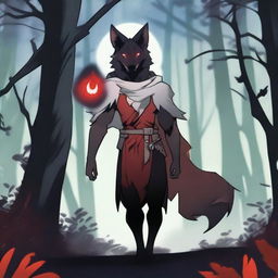 A character with tanned skin, red and black hair, red glowing eyes, and wolf ears and tail