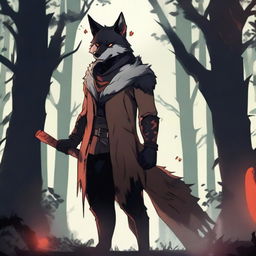 A character with tanned skin, red and black hair, red glowing eyes, and wolf ears and tail