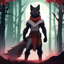 A character with tanned skin, red and black hair, red glowing eyes, and wolf ears and tail