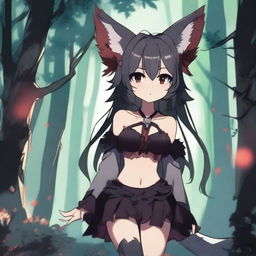 An anime girl with tanned skin, red and black hair, red glowing eyes, and wolf ears and tail