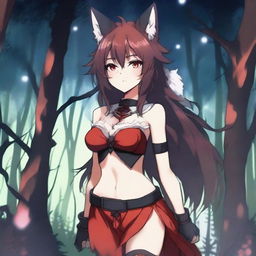 An anime girl with tanned skin, red and black hair, red glowing eyes, and wolf ears and tail