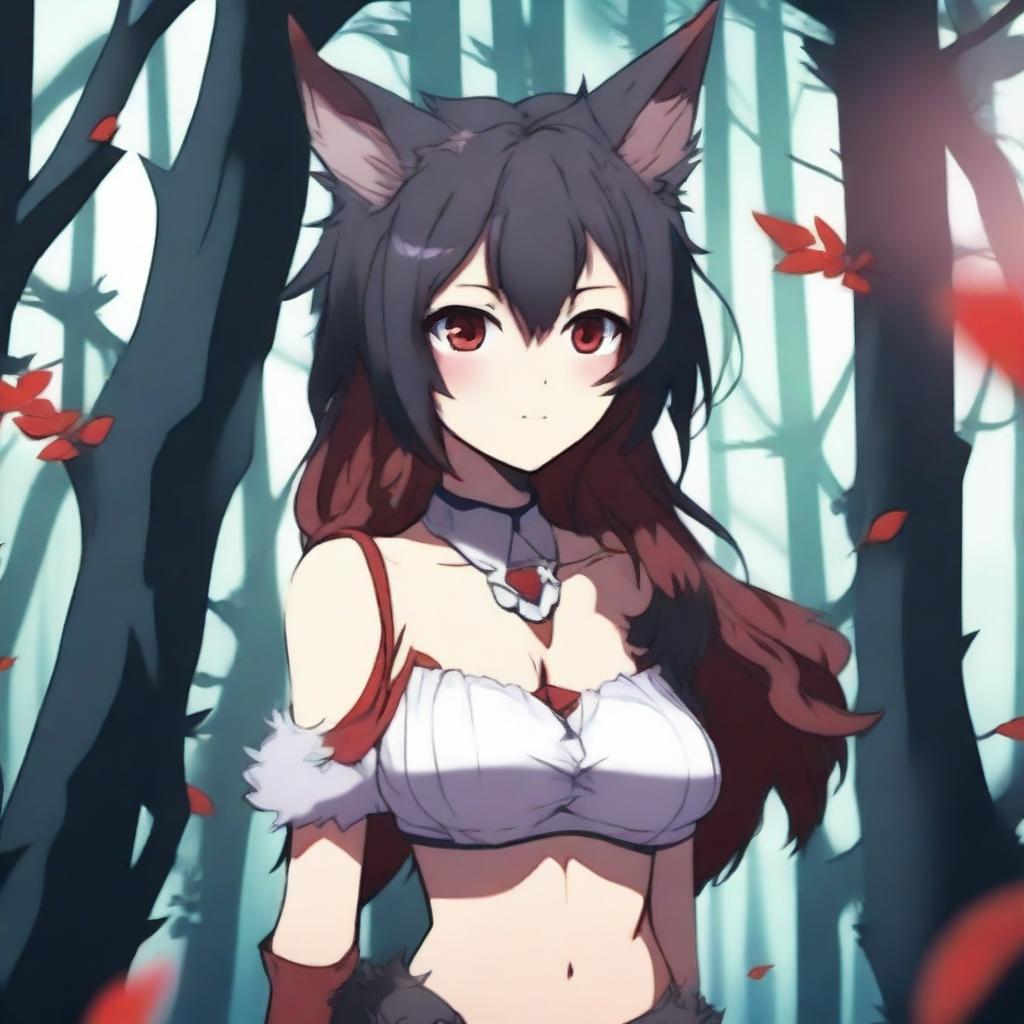 An anime girl with tanned skin, red and black hair, red glowing eyes, and wolf ears and tail