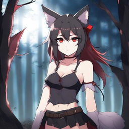 An anime girl with tanned skin, red and black hair, red glowing eyes, and wolf ears and tail