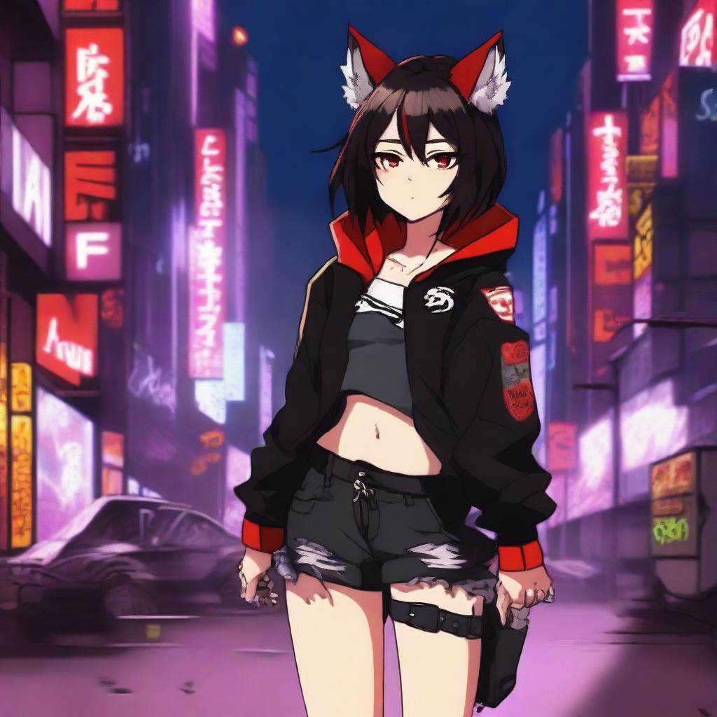 An anime girl with tanned skin, red and black hair, red glowing eyes, and wolf ears and tail