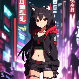 An anime girl with tanned skin, red and black hair, red glowing eyes, and wolf ears and tail