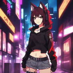 An anime girl with tanned skin, red and black hair, red glowing eyes, and wolf ears and tail