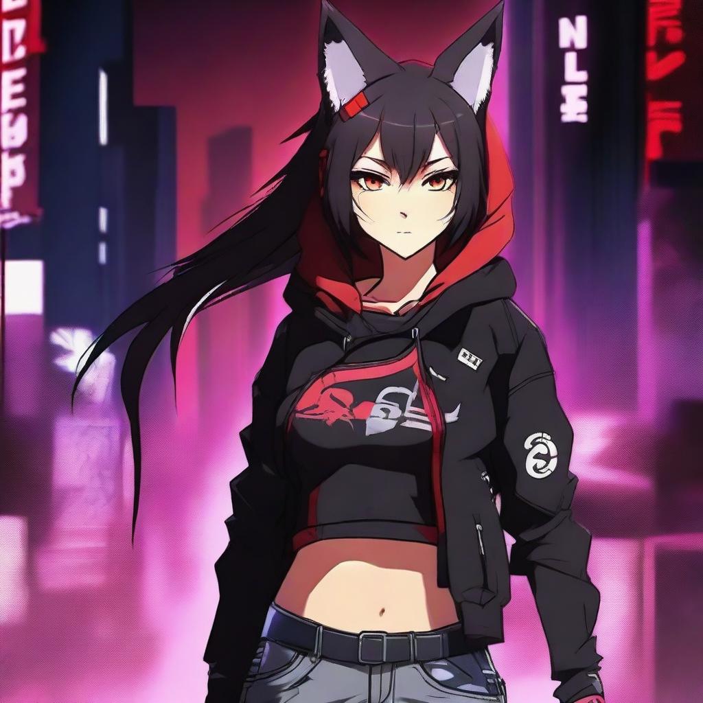 An anime girl with tanned skin, red and black hair, red glowing eyes, and wolf ears and tail