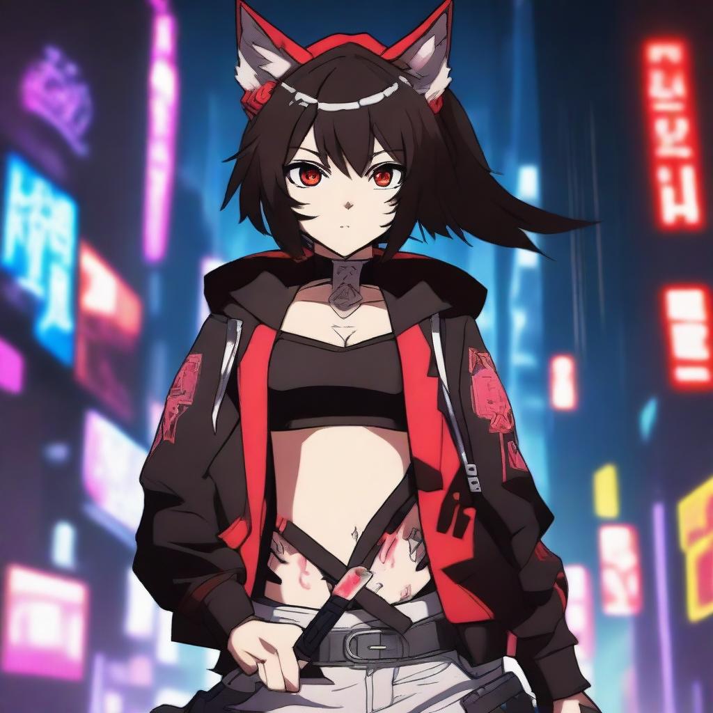 An anime girl with tanned skin, red and black hair, red glowing eyes, and wolf ears and tail