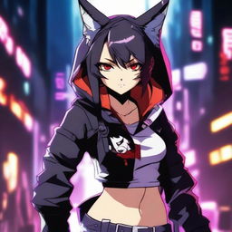 An anime girl with tanned skin, red and black hair, red glowing eyes, and wolf ears and tail