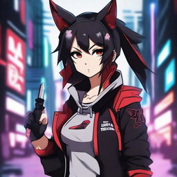 An anime girl with tanned skin, red and black hair, red glowing eyes, and wolf ears and tail