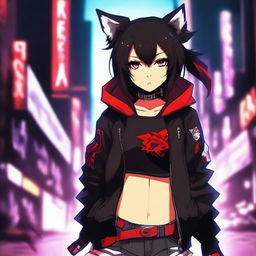 An anime girl with tanned skin, red and black hair, red glowing eyes, and wolf ears and tail