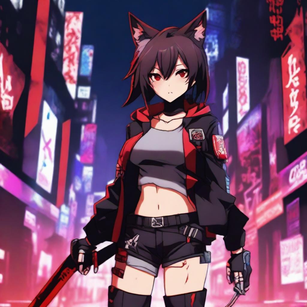 An anime girl with tanned skin, red and black hair, red glowing eyes, and wolf ears and tail